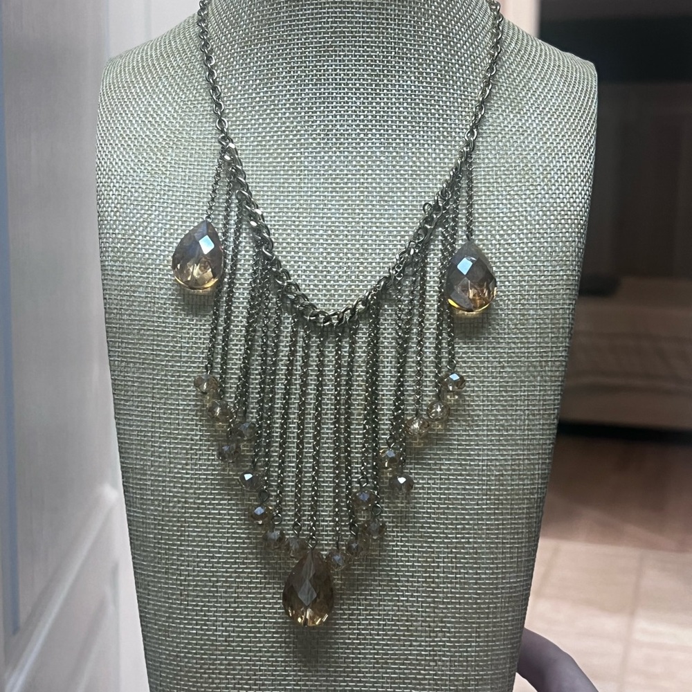 ANTIQUE Amber and Gold-tone Bib Dangle Necklace